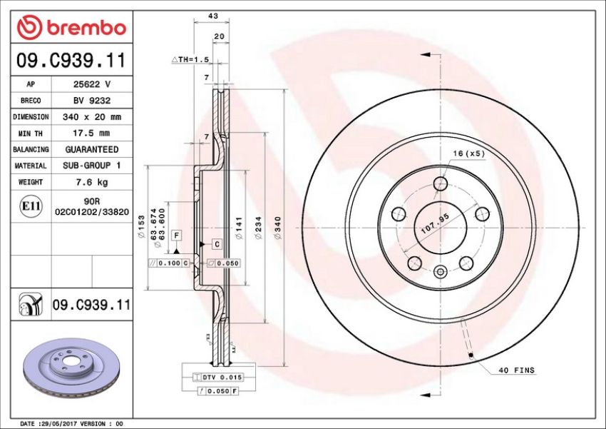 Brembo 09.C939.11 Premium Coated Vented Brake Rotor