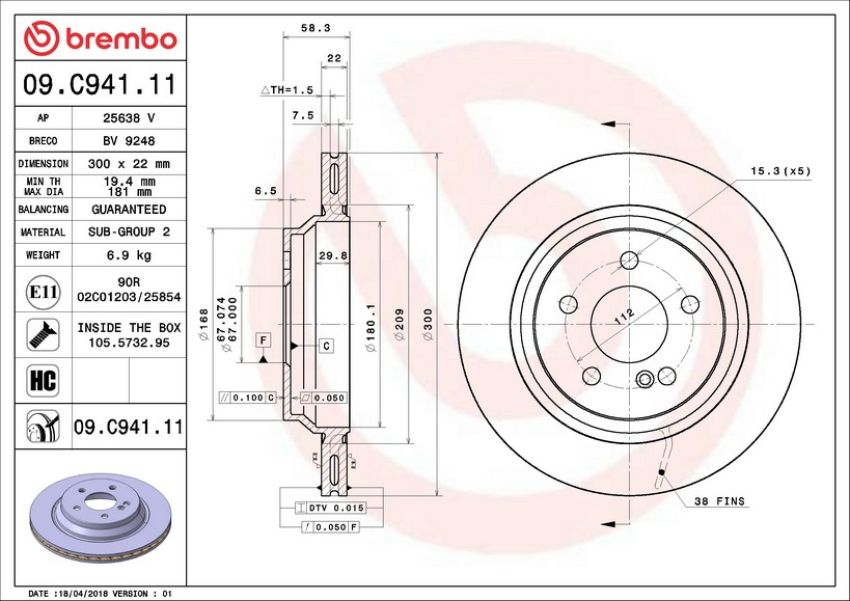 Brembo 09.C941.11 Premium Coated Vented Brake Rotor