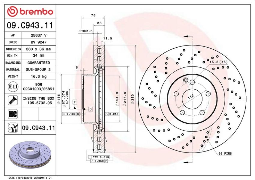 Brembo 09.C943.11 Premium Coated Vented Brake Rotor