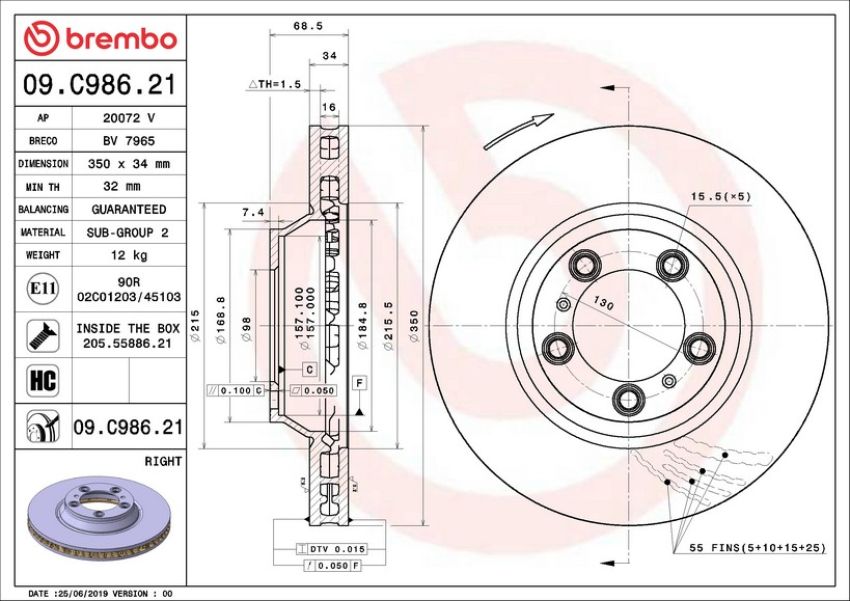 Brembo 09.C986.21 Premium Coated Vented Brake Rotor