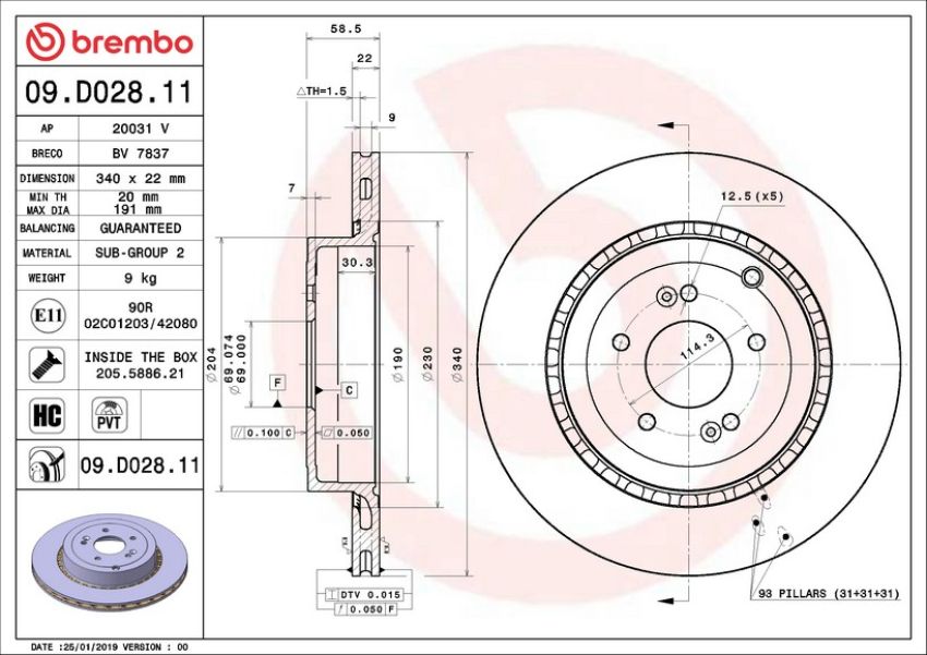 Brembo 09.D028.11 Premium Coated Vented Brake Rotor