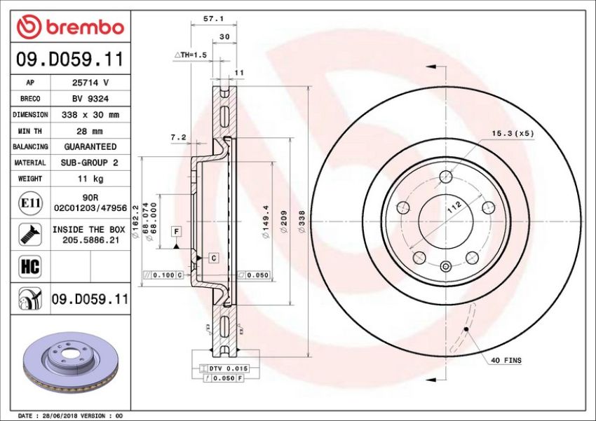 Brembo 09.D059.11 Premium Coated Vented Brake Rotor