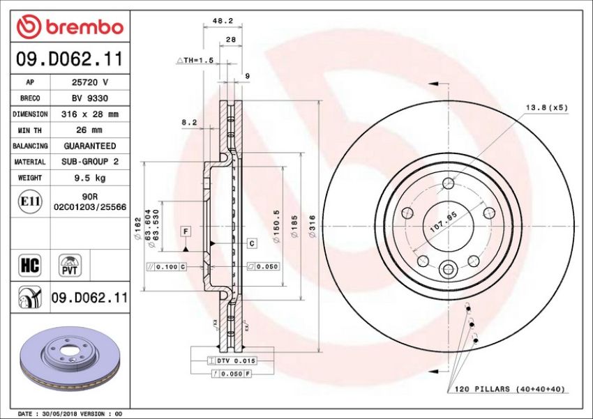 Brembo 09.D062.11 Premium Coated Vented Brake Rotor
