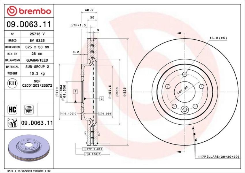 Brembo 09.D063.11 Premium Coated Vented Brake Rotor