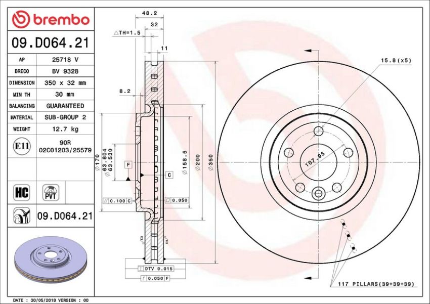 Brembo 09.D064.21 Premium Coated Vented Brake Rotor