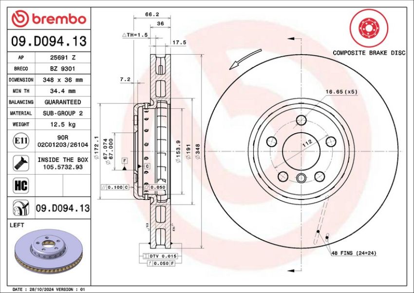 Brembo 09.D094.13 Premium Vented Composite Brake Rotor
