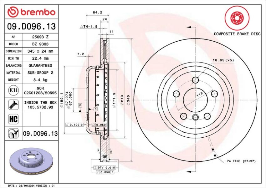 Brembo 09.D096.13 Premium Vented Composite Brake Rotor