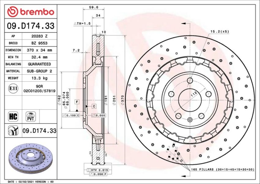 Brembo 09.D174.33 Premium Dual Cast Vented Drilled/Grooved UV Coated Brake Rotor