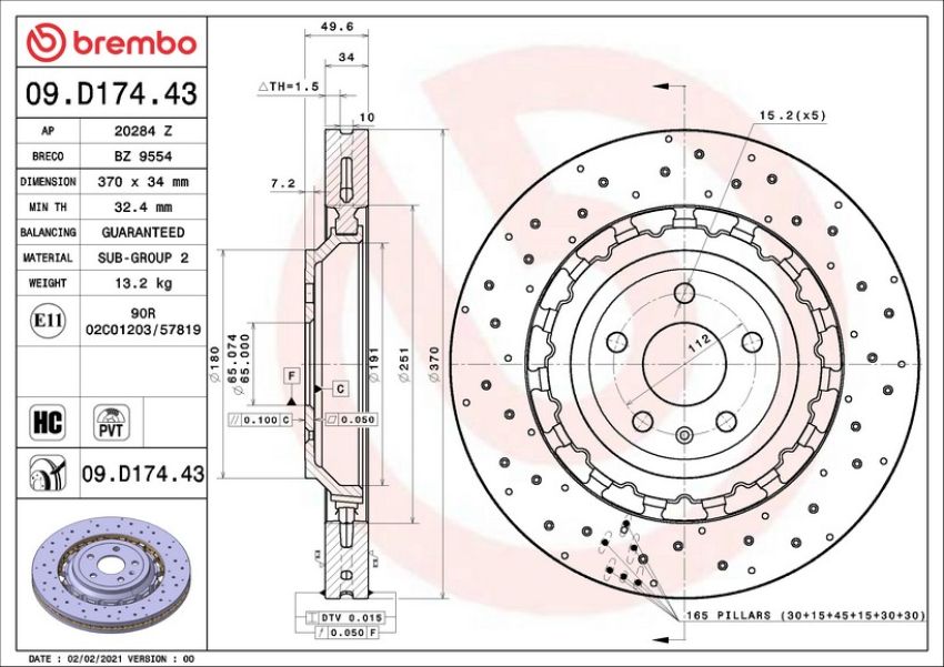 Brembo 09.D174.43 Premium Dual Cast Vented Drilled/Grooved UV Coated Brake Rotor