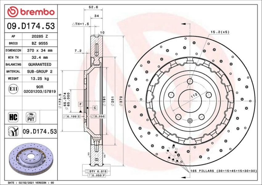 Brembo 09.D174.53 Premium Dual Cast Vented Drilled/Grooved UV Coated Brake Rotor