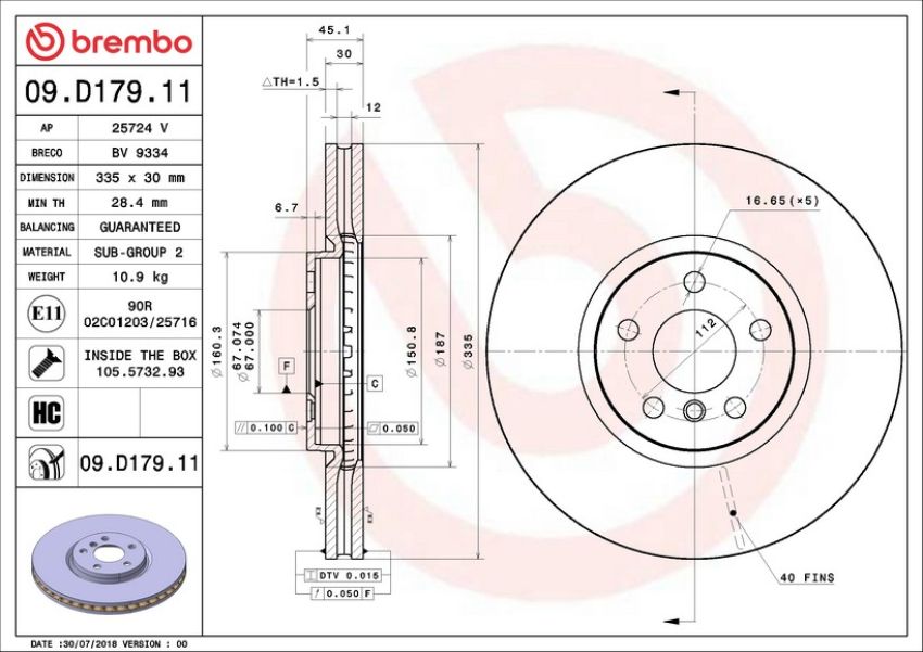 Brembo 09.D179.11 Premium Coated Vented Brake Rotor
