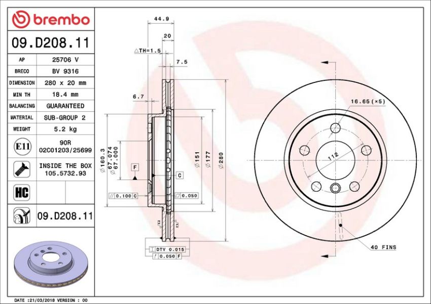 Brembo 09.D208.11 Premium Coated Vented Brake Rotor