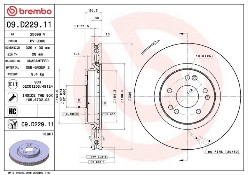 Brembo 09.D229.11 Premium Coated Vented Brake Rotor
