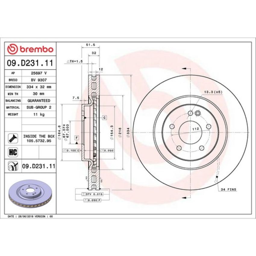 Brembo 09.D231.11 Premium Coated Vented Brake Rotor