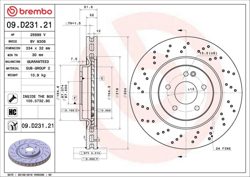 Brembo 09.D231.21 Premium Coated Vented Brake Rotor