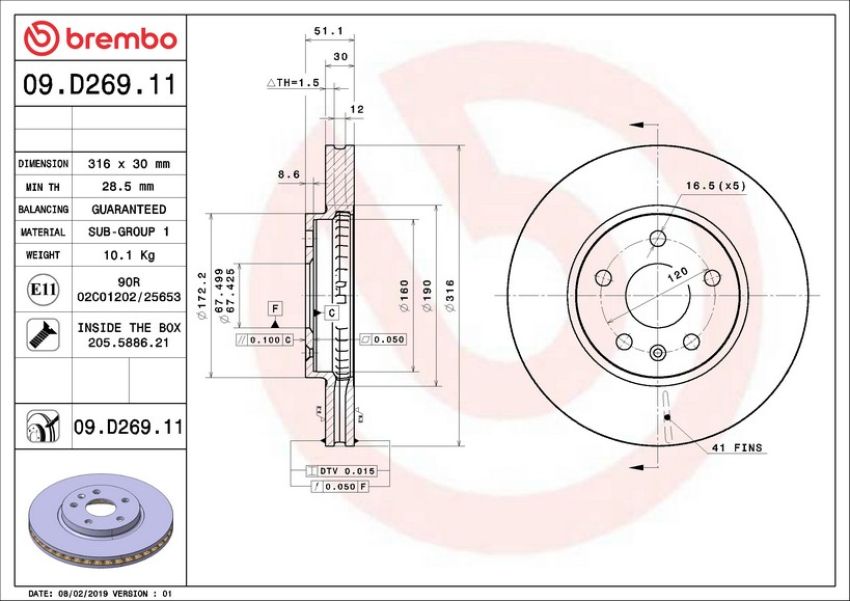 Brembo 09.D269.11 Premium Coated Vented Brake Rotor