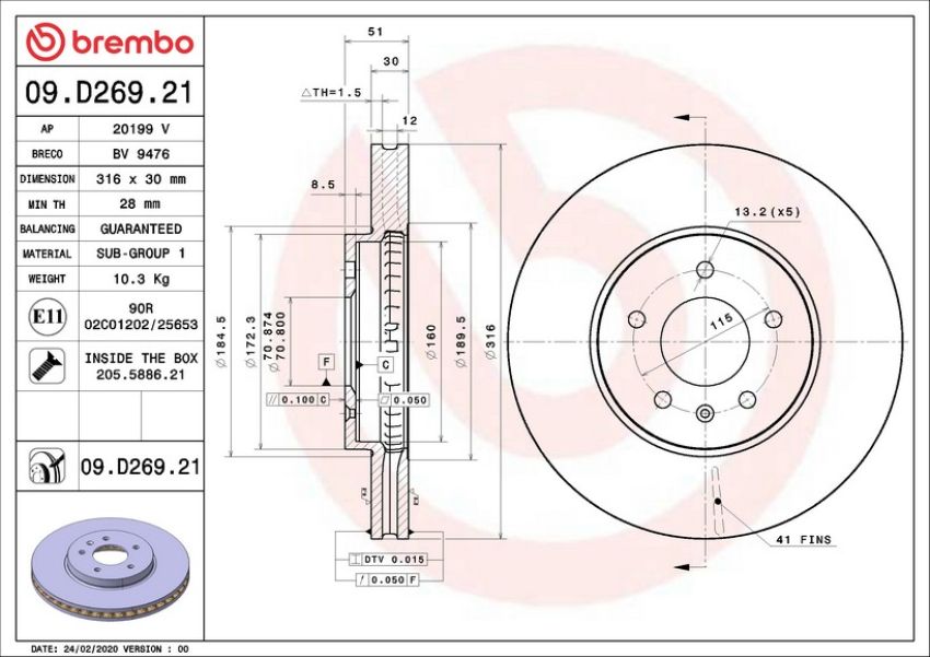 Brembo 09.D269.21 Premium Coated Vented Brake Rotor