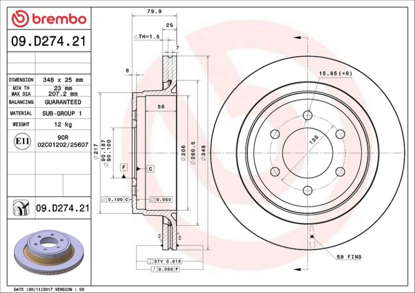 Brembo 09.D274.21 Premium Coated Vented Brake Rotor