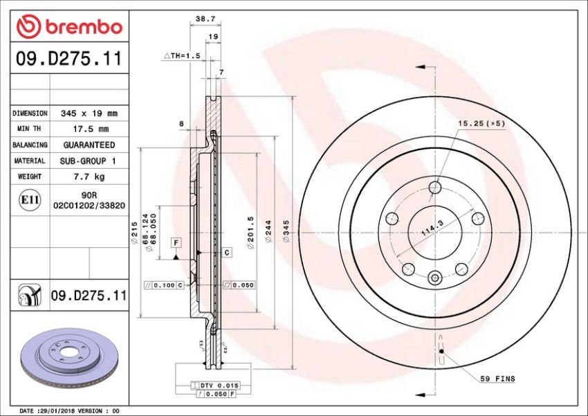 Brembo 09.D275.11 Premium Coated Vented Brake Rotor