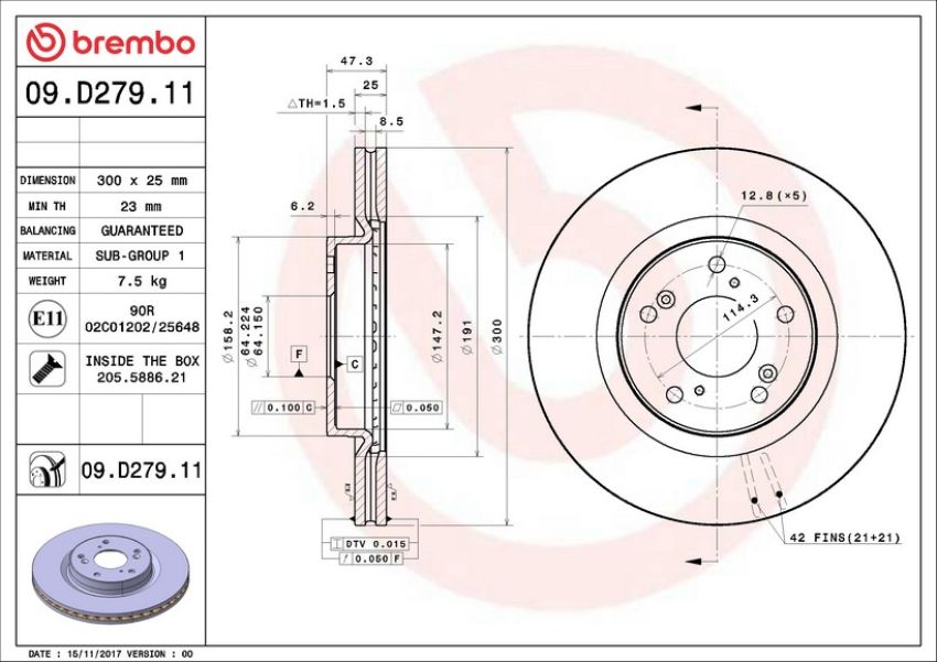 Brembo 09.D279.11 Premium Coated Vented Brake Rotor