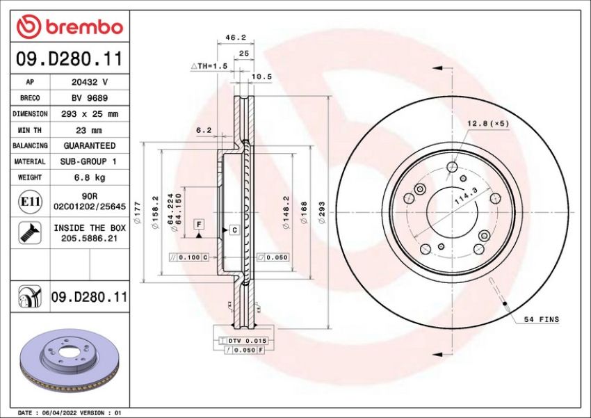 Brembo 09.D280.11 Premium Coated Vented Brake Rotor