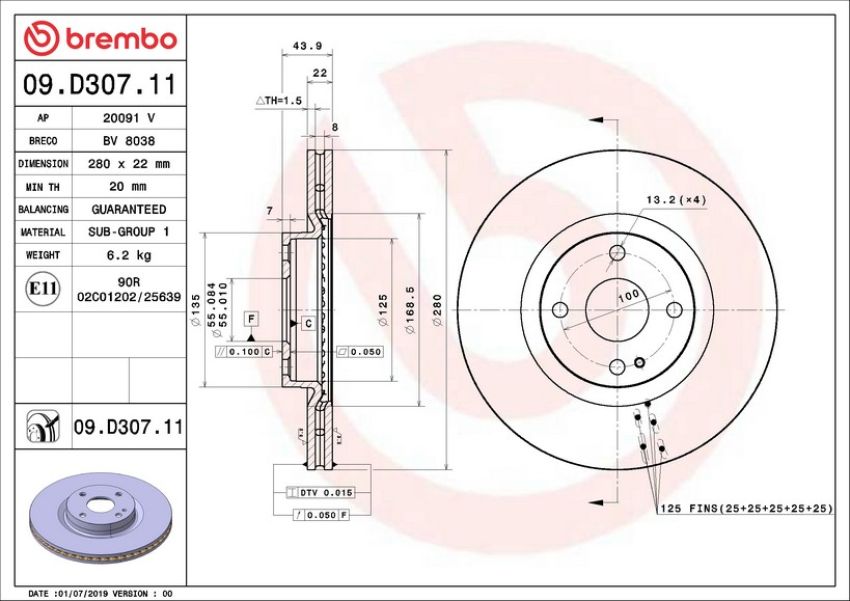 Brembo 09.D307.11 Premium Coated Vented Brake Rotor