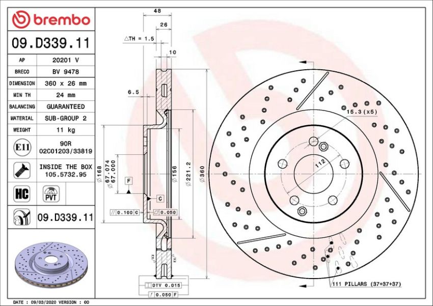 Brembo 09.D339.11 Premium Coated Vented Brake Rotor