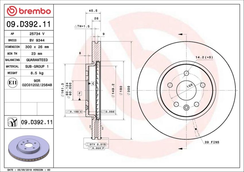 Brembo 09.D392.11 Premium Coated Vented Brake Rotor