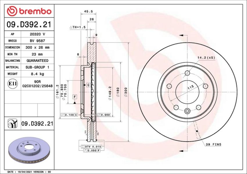 Brembo 09.D392.21 Premium Coated Vented Brake Rotor