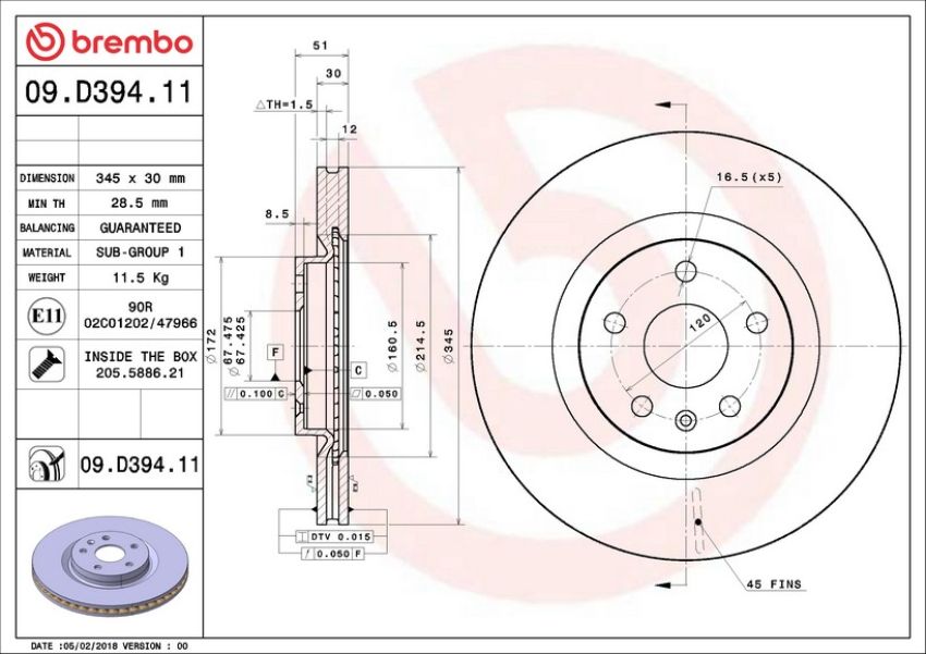 Brembo 09.D394.11 Premium Coated Vented Brake Rotor