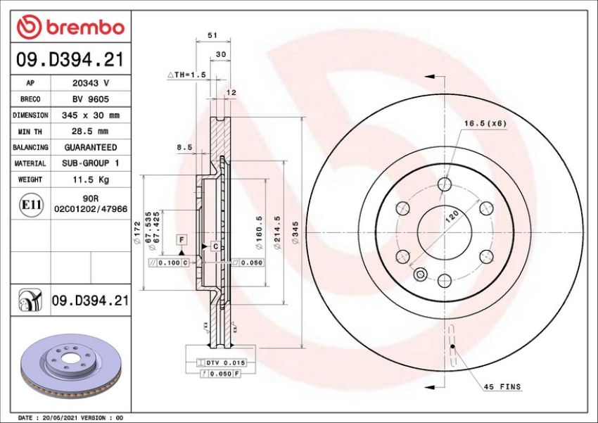 Brembo 09.D394.21 Premium Coated Vented Brake Rotor