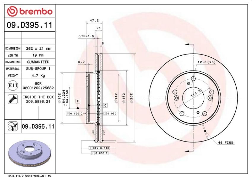 Brembo 09.D395.11 Premium Coated Vented Brake Rotor