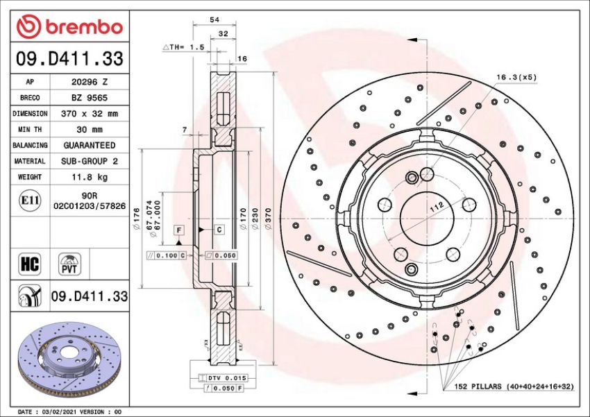 Brembo 09.D411.33 Premium Dual Cast Vented Drilled/Grooved UV Coated Brake Rotor