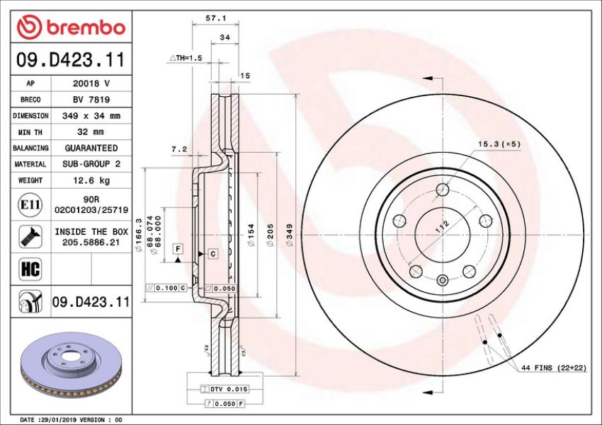 Brembo 09.D423.11 Premium Coated Vented Brake Rotor