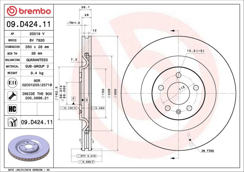 Brembo 09.D424.11 Premium Coated Vented Brake Rotor