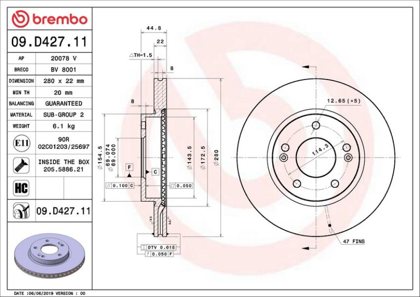 Brembo 09.D427.11 Premium Coated Vented Brake Rotor