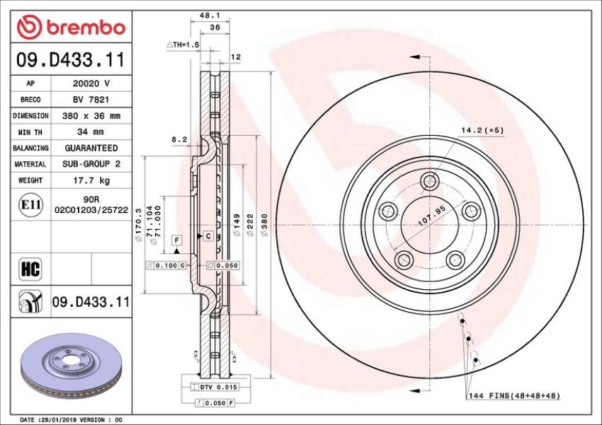 Brembo 09.D433.11 Premium Coated Vented Brake Rotor