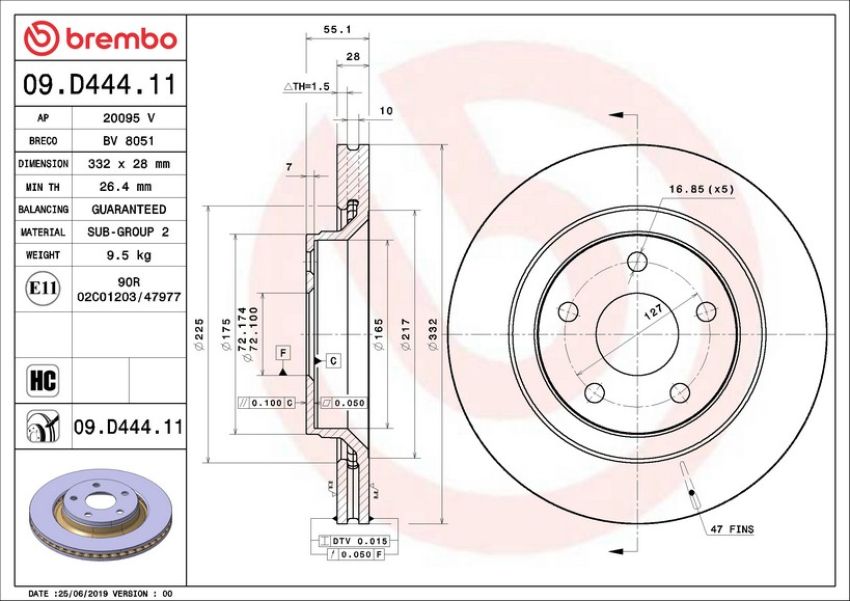 Brembo 09.D444.11 Premium Coated Vented Brake Rotor