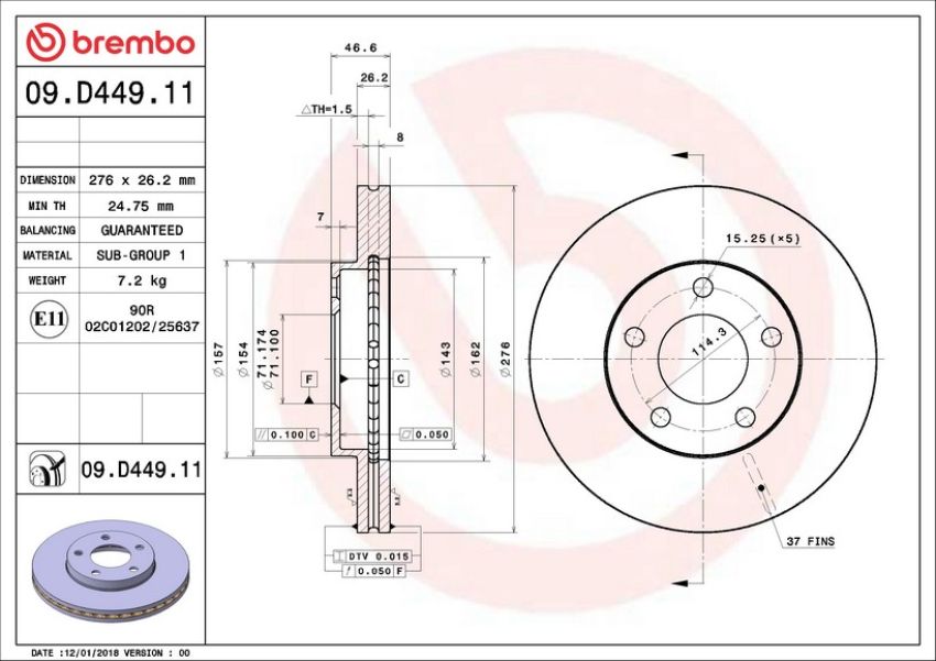 Brembo 09.D449.11 Premium Coated Vented Brake Rotor