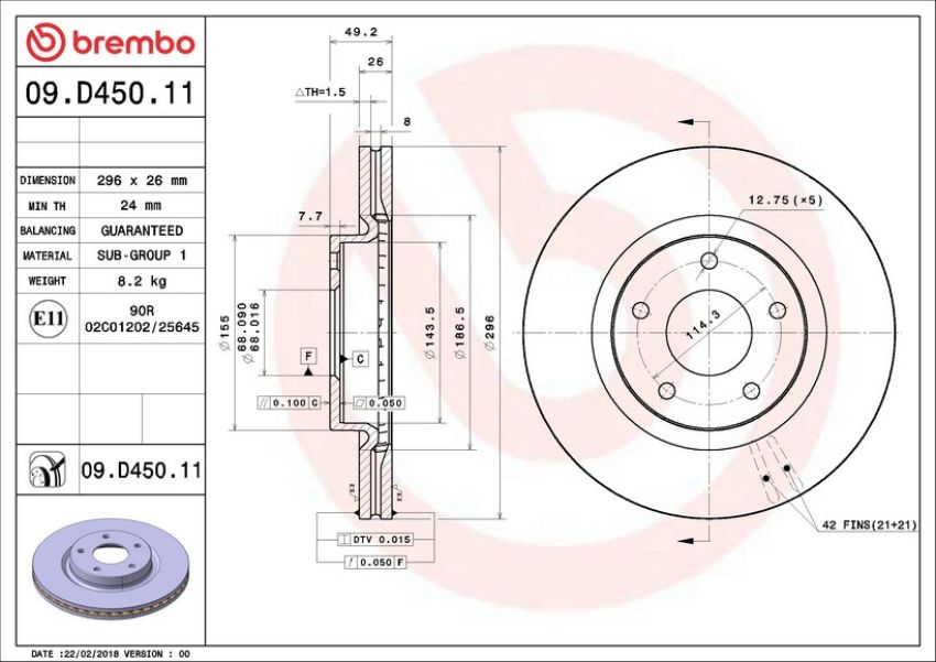 Brembo 09.D450.11 Premium Coated Vented Brake Rotor