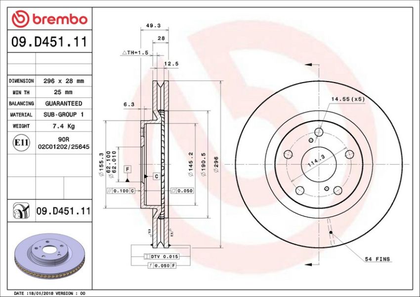 Brembo 09.D451.11 Premium Coated Vented Brake Rotor