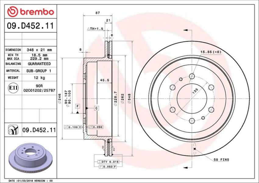 Brembo 09.D452.11 Premium Coated Vented Brake Rotor