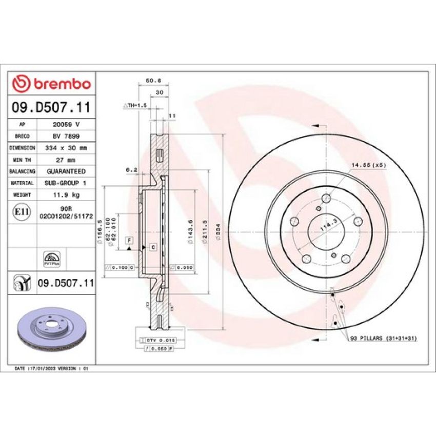 Brembo 09.D507.11 Premium Coated Vented Brake Rotor
