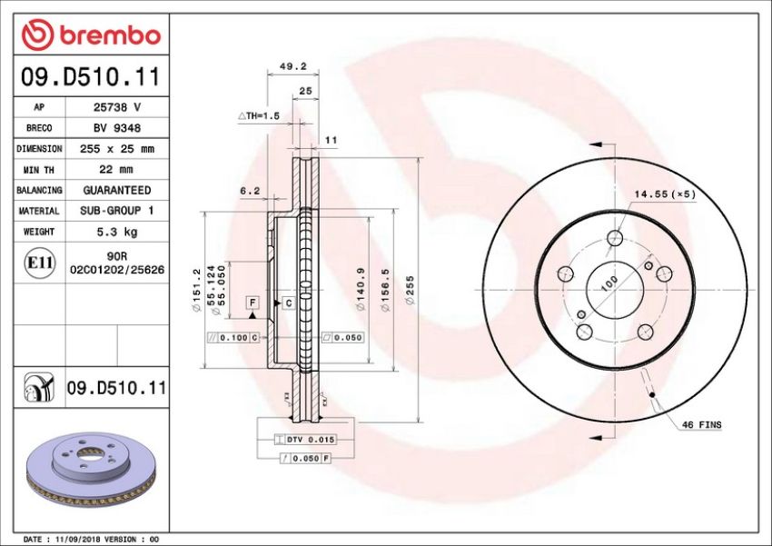 Brembo 09.D510.11 Premium Coated Vented Brake Rotor