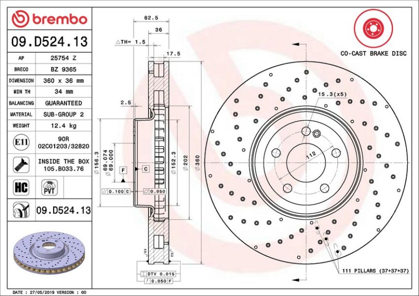 Brembo 09.D524.13 Premium UV Coated Co-Cast Brake Rotor