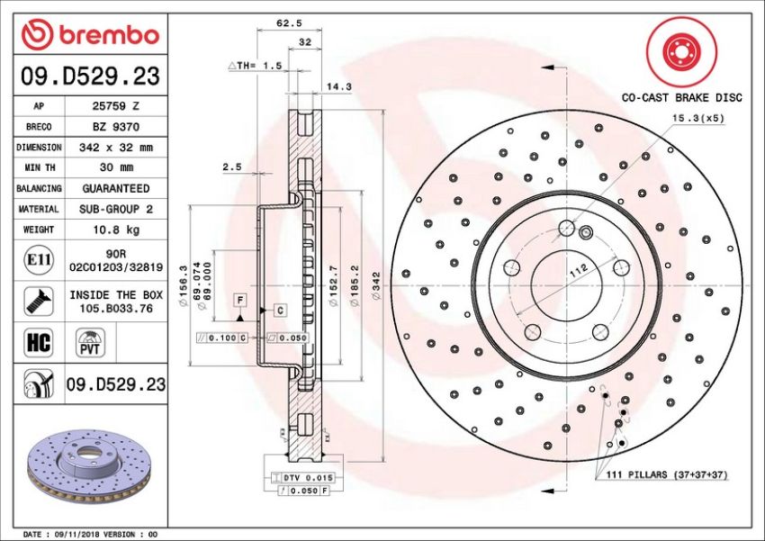 Brembo 09.D529.23 Premium UV Coated Co-Cast Brake Rotor