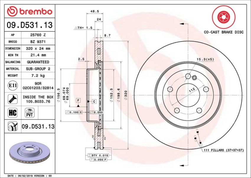 Brembo 09.D531.13 Premium UV Coated Co-Cast Brake Rotor