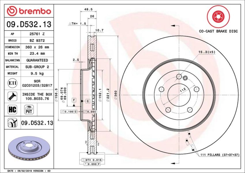 Brembo 09.D532.13 Premium UV Coated Co-Cast Brake Rotor