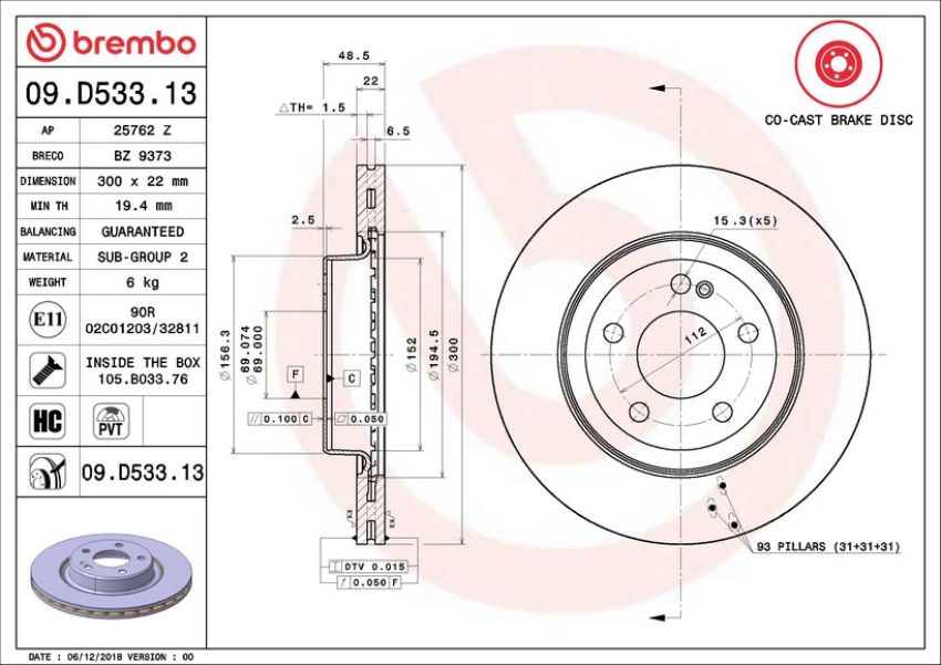 Brembo 09.D533.13 Premium UV Coated Co-Cast Brake Rotor