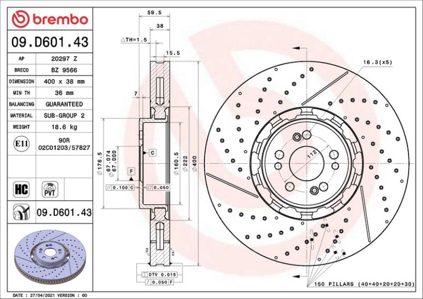 Brembo 09.D601.43 Premium Dual Cast Vented Drilled/Grooved UV Coated Brake Rotor